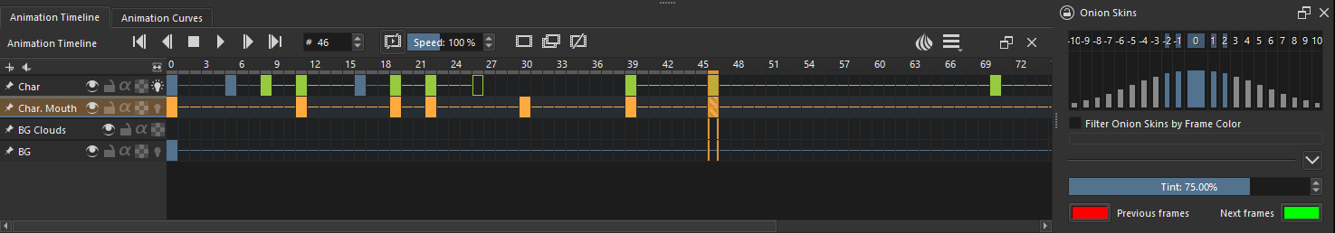 Krita animation timeline with frames and onion skinning