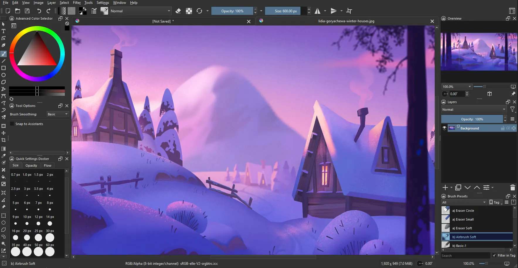 Krita digital painting interface with brushes, layers and a canvas